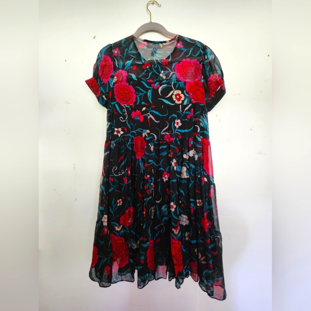Black floral Diane von Furstenberg dress babydoll, trapeze, sheer